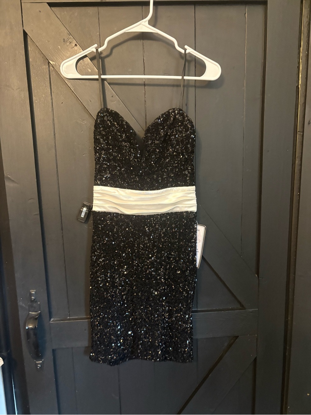 Black Sequin Mini Dress with White Ruched Waistband 7/8